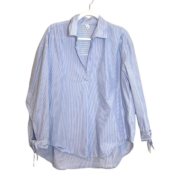 bp Tops - BP Blue and White Striped Tie Knot Cuffs Blouse